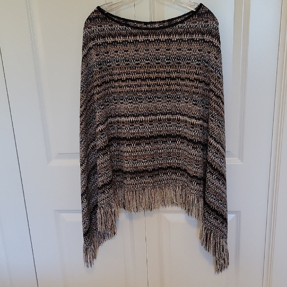 Missoni Cape/Poncho Textured Knit with Fringe in Black, White, and Metallic Gold